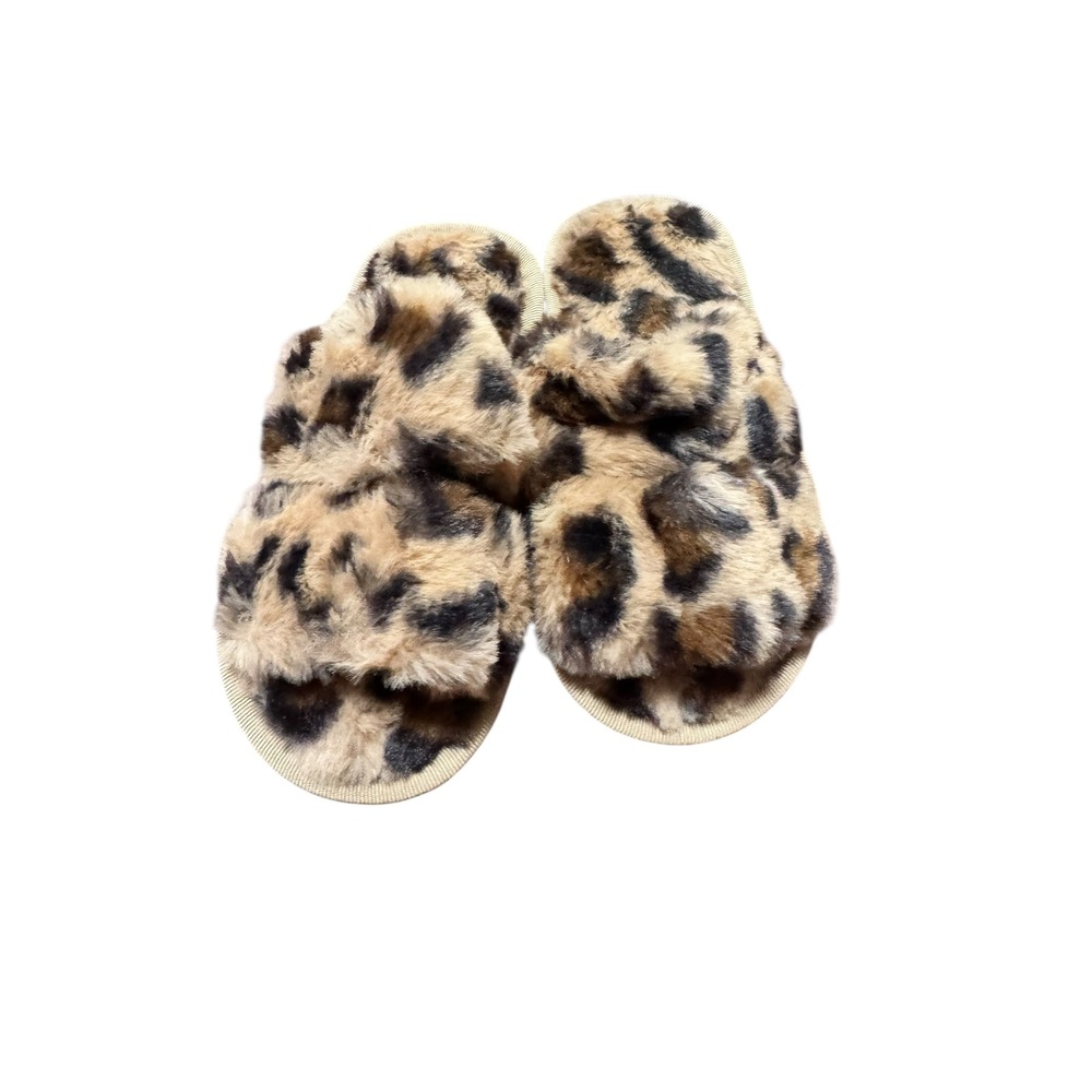 Fuzzy Leopard Slippers - Cozy Open Toe‎ Slides - Kids Size 26-27
